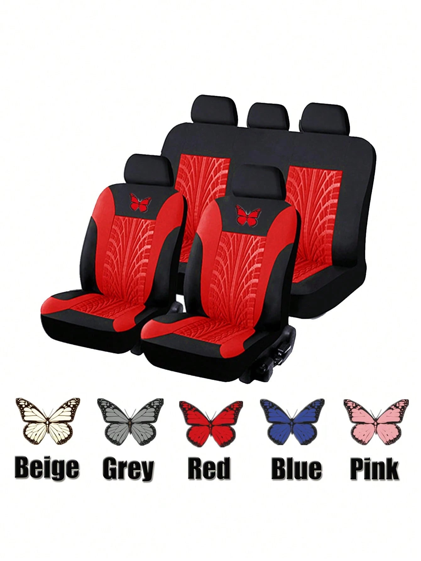 5 Seats Full Set Universal Car Seat Covers, Made Of Polyester Fabric With 4mm Sponge And Compression Technique, With Iron-On Butterfly Pattern, Multiple Colors Available. Suitable For Small And Medium