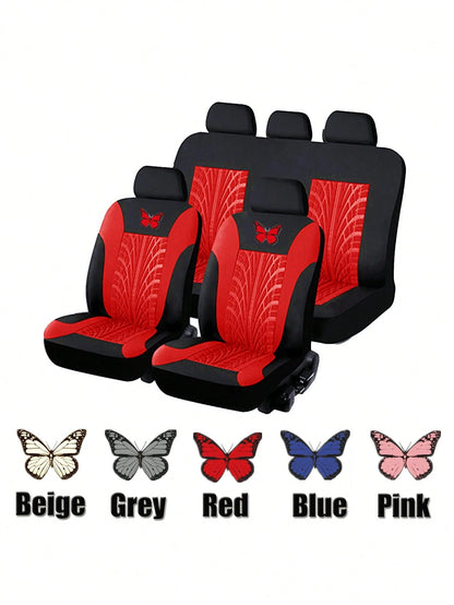 5 Seats Full Set Universal Car Seat Covers, Made Of Polyester Fabric With 4mm Sponge And Compression Technique, With Iron-On Butterfly Pattern, Multiple Colors Available. Suitable For Small And Medium