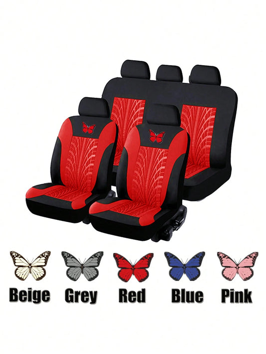 5 Seats Full Set Universal Car Seat Covers, Made Of Polyester Fabric With 4mm Sponge And Compression Technique, With Iron-On Butterfly Pattern, Multiple Colors Available. Suitable For Small And Medium