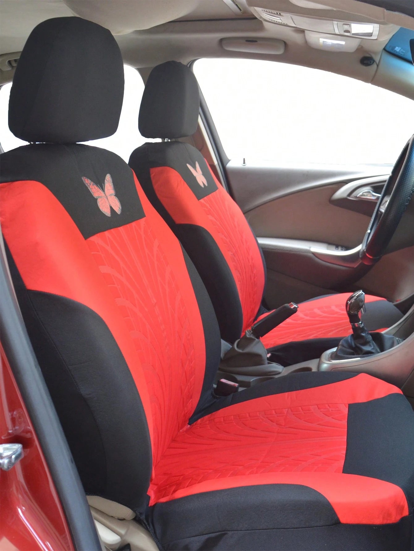 5 Seats Full Set Universal Car Seat Covers, Made Of Polyester Fabric With 4mm Sponge And Compression Technique, With Iron-On Butterfly Pattern, Multiple Colors Available. Suitable For Small And Medium