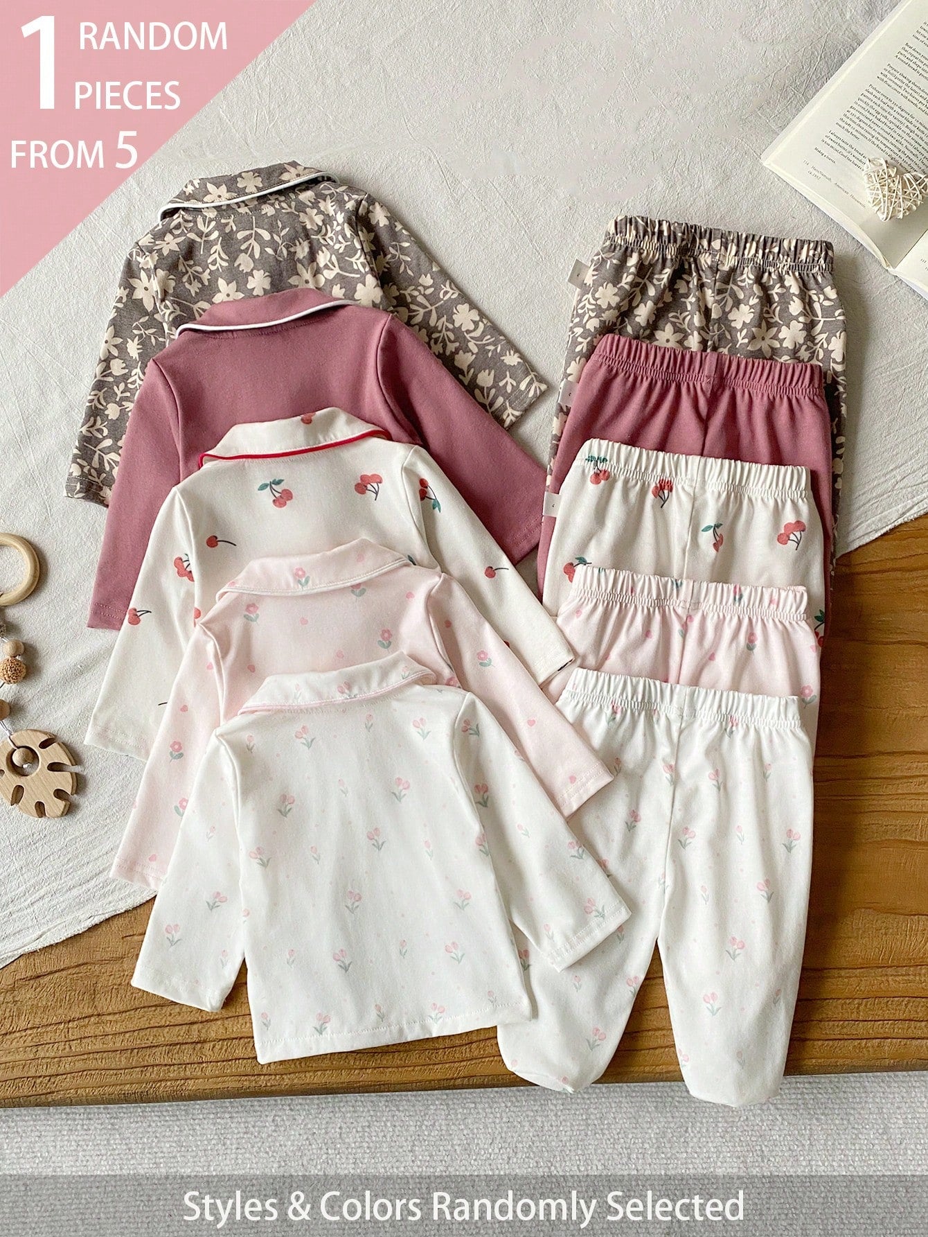 5 Sets Randomly Sent 1 Set Spring Autumn Winter Newborn Home Wear Cute Floral Cherry Tree Leaf Print White Apricot Pink Brown Purple Red Peter Pan Collar Cardigan Long Sleeve Top With Footed Pants Set
