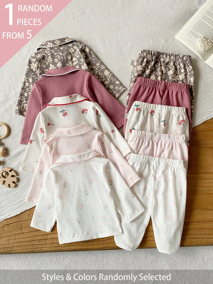 5 Sets Randomly Sent 1 Set Spring Autumn Winter Newborn Home Wear Cute Floral Cherry Tree Leaf Print White Apricot Pink Brown Purple Red Peter Pan Collar Cardigan Long Sleeve Top With Footed Pants Set