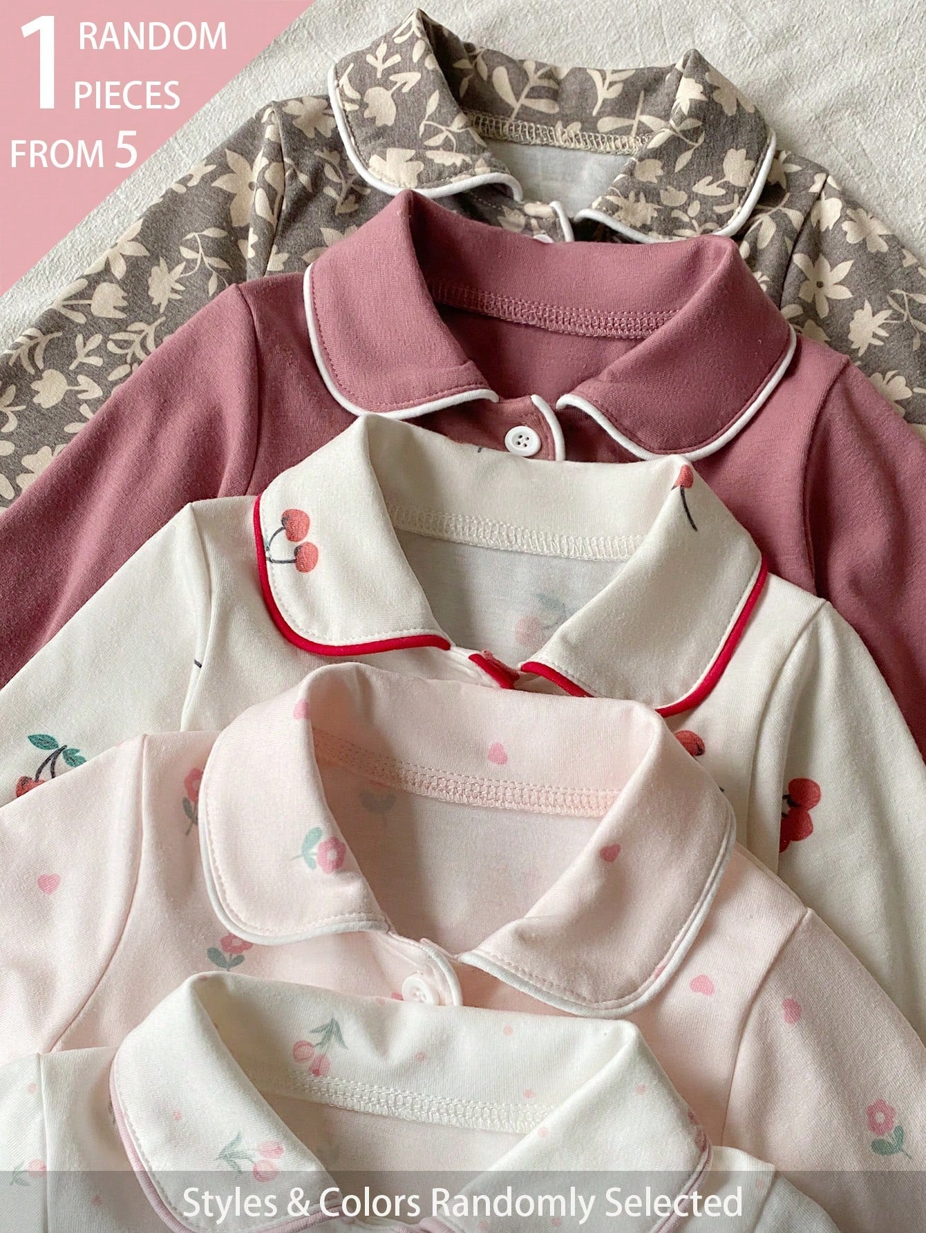 5 Sets Randomly Sent 1 Set Spring Autumn Winter Newborn Home Wear Cute Floral Cherry Tree Leaf Print White Apricot Pink Brown Purple Red Peter Pan Collar Cardigan Long Sleeve Top With Footed Pants Set