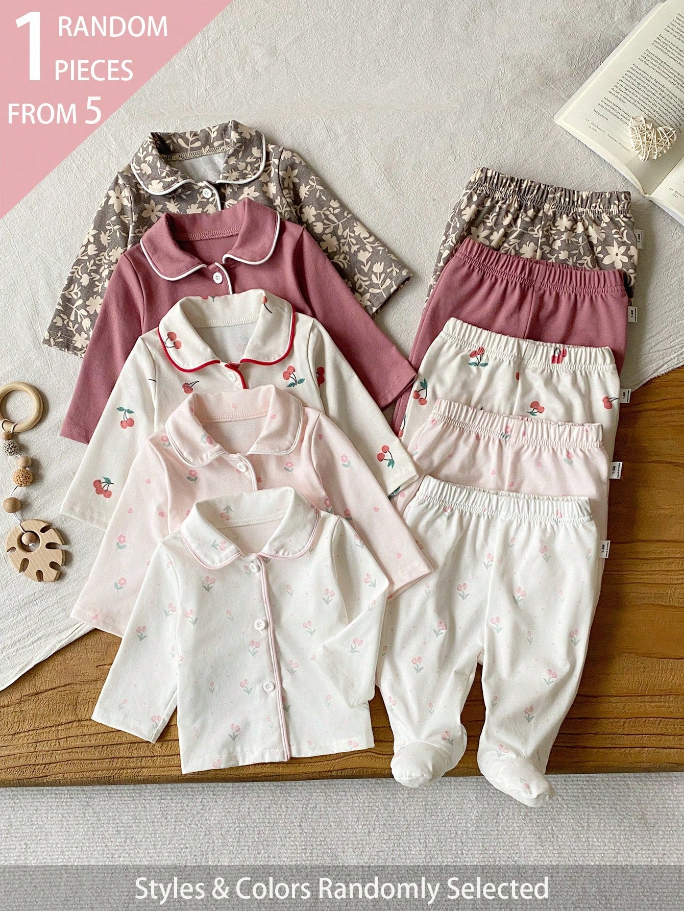 5 Sets Randomly Sent 1 Set Spring Autumn Winter Newborn Home Wear Cute Floral Cherry Tree Leaf Print White Apricot Pink Brown Purple Red Peter Pan Collar Cardigan Long Sleeve Top With Footed Pants Set