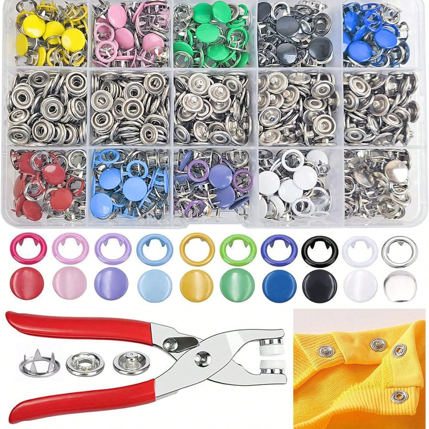 50/100/200pcs Colorful Solid & Hollow Snap Buttons, Stainless Steel Pliers Snap Fastener Kit, Suitable For Crafts, Sewing, Handmade, Clothing, Pants, Bibs, Hats, Shoes, Umbrellas, Sewing Beginner Inst