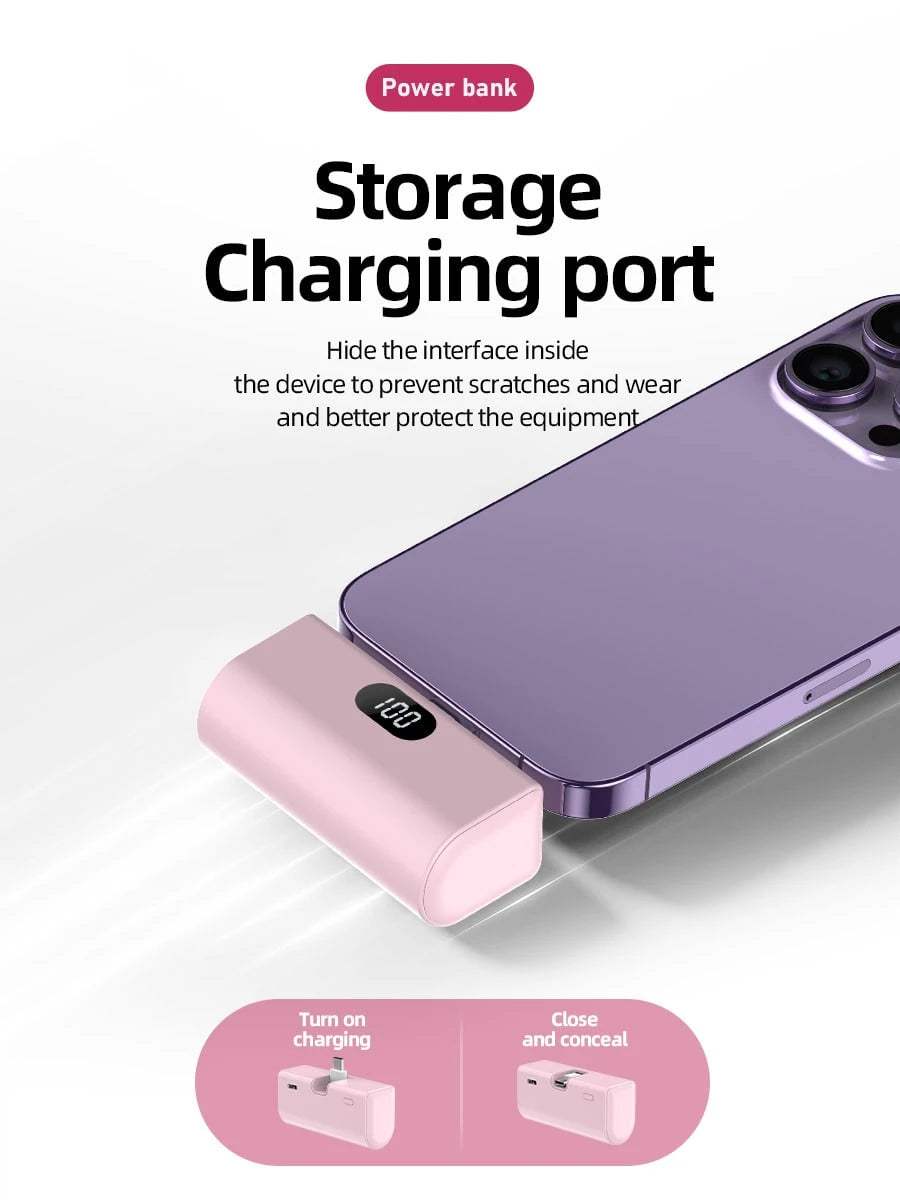 5000mAh Mini Portable Power Bank, Type-C Foldable Plug, PD10W, LED Battery Display, Plug-And-Play, Suitable For Charging IOS 17/16/15 Devices, Android Devices, Headphones, Speakers And Other Type-C Mo