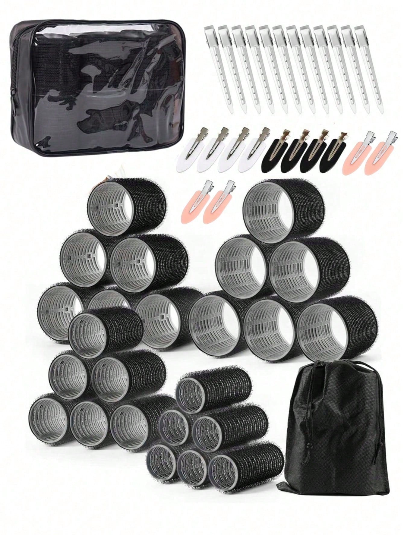 50pcs Self-Adhesive Hair Roller And Hair Clip Set, Random 24pcs Self-Fixing Hair Rollers And 24pcs Alligator Hair Clips, 1pc Makeup Bag, Suitable For Long, Medium, Short, Thick, Fine, Thin, Bangs And