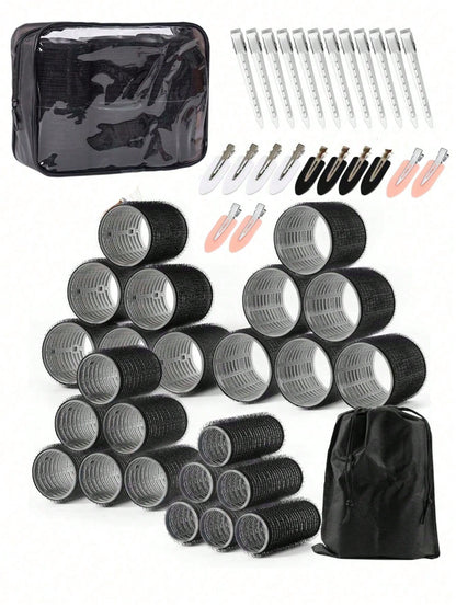 50pcs Self-Adhesive Hair Roller And Hair Clip Set, Random 24pcs Self-Fixing Hair Rollers And 24pcs Alligator Hair Clips, 1pc Makeup Bag, Suitable For Long, Medium, Short, Thick, Fine, Thin, Bangs And