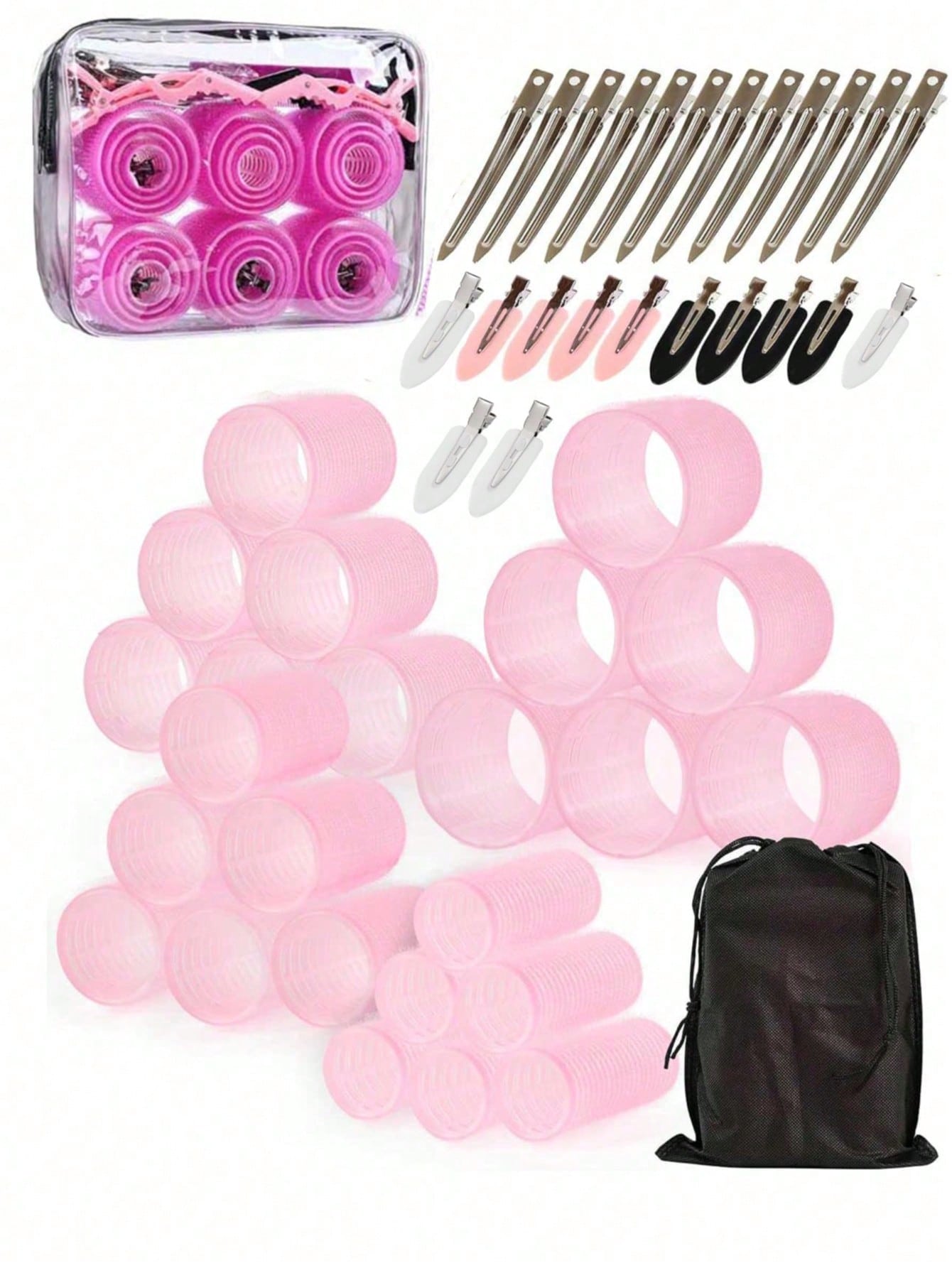 50pcs Self-Adhesive Hair Roller And Hair Clip Set, Random 24pcs Self-Fixing Hair Rollers And 24pcs Alligator Hair Clips, 1pc Makeup Bag, Suitable For Long, Medium, Short, Thick, Fine, Thin, Bangs And