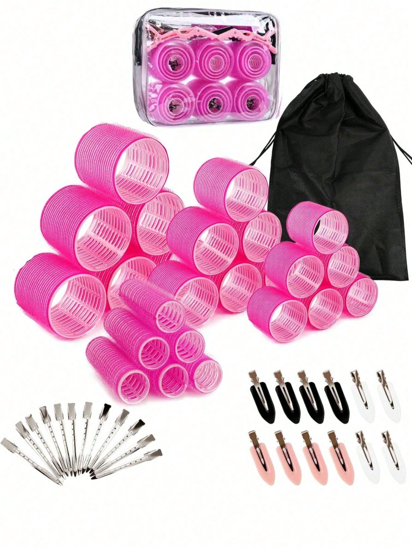 50pcs Self-Adhesive Hair Roller And Hair Clip Set, Random 24pcs Self-Fixing Hair Rollers And 24pcs Alligator Hair Clips, 1pc Makeup Bag, Suitable For Long, Medium, Short, Thick, Fine, Thin, Bangs And