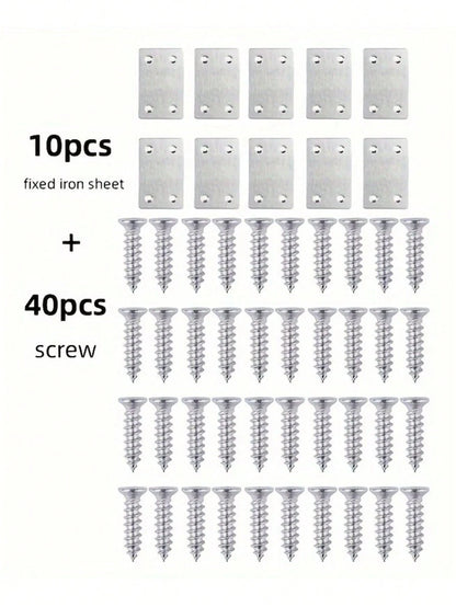 50pcs Stainless Steel Flat Repair Plate Bracket Set, 4-Hole Fixing Plate+Countersunk Screw, Suitable For Furniture Cabinet Rack Installation