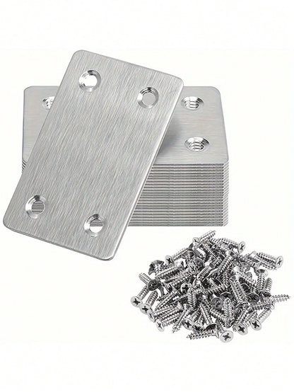 50pcs Stainless Steel Flat Repair Plate Bracket Set, 4-Hole Fixing Plate+Countersunk Screw, Suitable For Furniture Cabinet Rack Installation