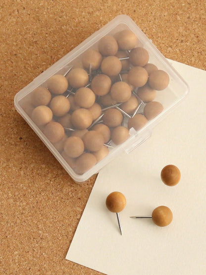50pcs Wood Push Pins, Wooden Head Stainless Steel Point.Decorative Thumb Tacks, Wooden Pins And Tacks, Cork Board Thumbtacks, Cute Thumbtack For Wall And Bulletin Board, Photo Map Pins Back To School