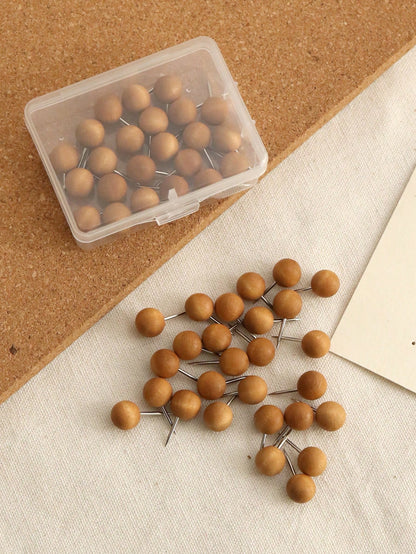 50pcs Wood Push Pins, Wooden Head Stainless Steel Point.Decorative Thumb Tacks, Wooden Pins And Tacks, Cork Board Thumbtacks, Cute Thumbtack For Wall And Bulletin Board, Photo Map Pins Back To School