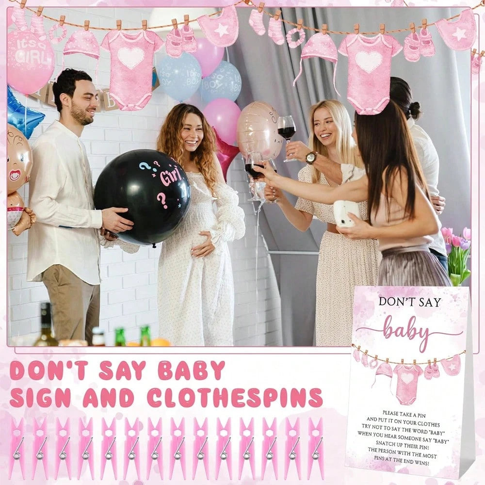 51pcs Baby Shower Game Set, Includes "Don't Say Baby" Sign And 50pcs Plastic Baby Shower Clothespins, Baby Shower Party Supplies For Gender Reveal