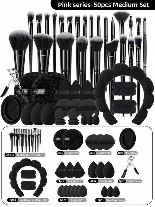 55PCS Complete Makeup Kit| 30pcs Makeup Brushes + 18pcs Makeup Puffs/Sponges + 7pcs Skincare Tools (Hairband/1pc Makeup Brush Cleaning Tool For Gift) + Eyelash Curler| Waterproof Travel Bag & Gift S