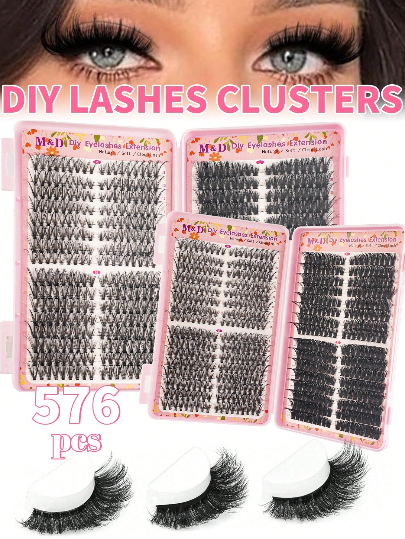 576pcs DIY False Eyelash Clusters Extension Kit 30D+40D+60D+80D 4 Styles Natural & Voluminous, Mixed Lengths Easy To Apply, Reusable, Suitable For Home Beginners