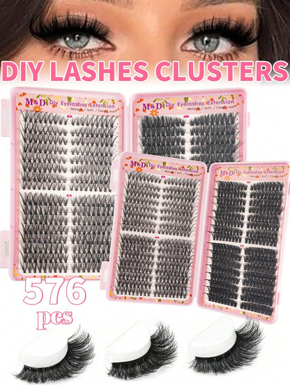 576pcs DIY False Eyelash Clusters Extension Kit 30D+40D+60D+80D 4 Styles Natural & Voluminous, Mixed Lengths Easy To Apply, Reusable, Suitable For Home Beginners