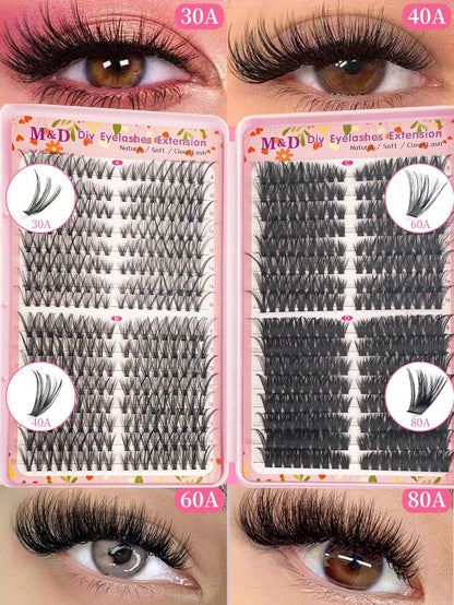 576pcs DIY False Eyelash Clusters Extension Kit 30D+40D+60D+80D 4 Styles Natural & Voluminous, Mixed Lengths Easy To Apply, Reusable, Suitable For Home Beginners