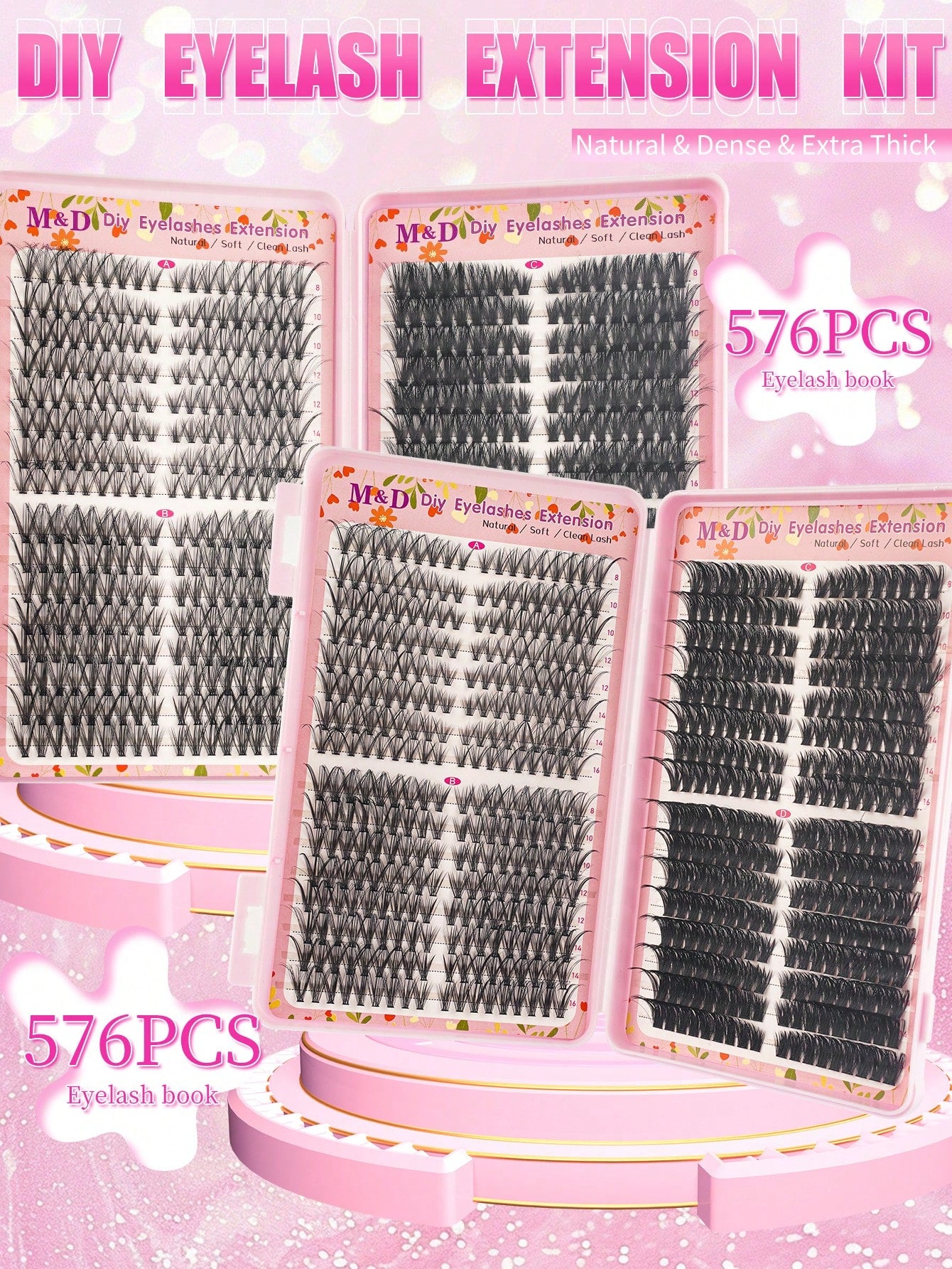 576pcs DIY False Eyelash Clusters Extension Kit 30D+40D+60D+80D 4 Styles Natural & Voluminous, Mixed Lengths Easy To Apply, Reusable, Suitable For Home Beginners