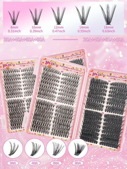 576pcs DIY False Eyelash Clusters Extension Kit 30D+40D+60D+80D 4 Styles Natural & Voluminous, Mixed Lengths Easy To Apply, Reusable, Suitable For Home Beginners