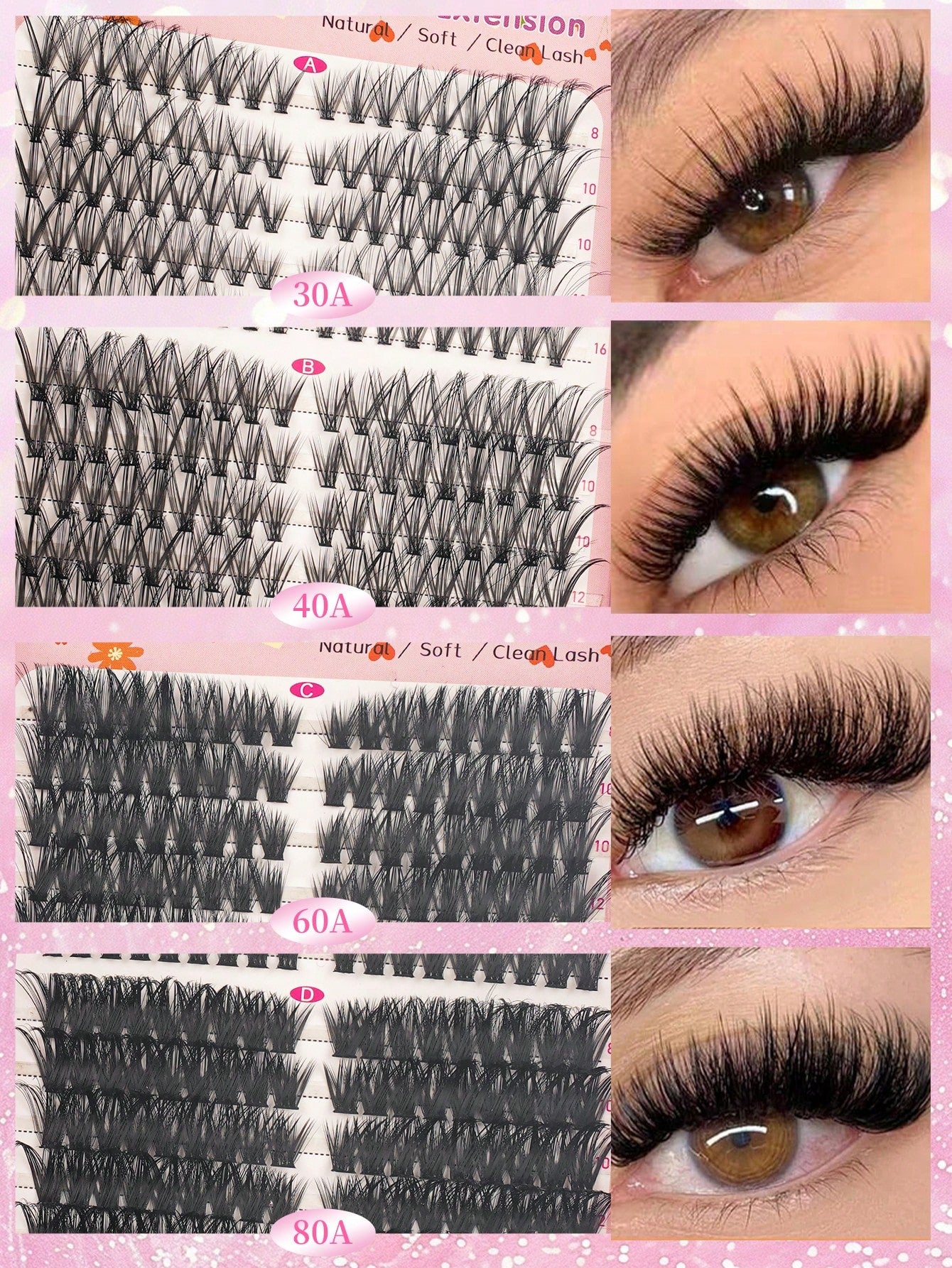 576pcs DIY False Eyelash Clusters Extension Kit 30D+40D+60D+80D 4 Styles Natural & Voluminous, Mixed Lengths Easy To Apply, Reusable, Suitable For Home Beginners