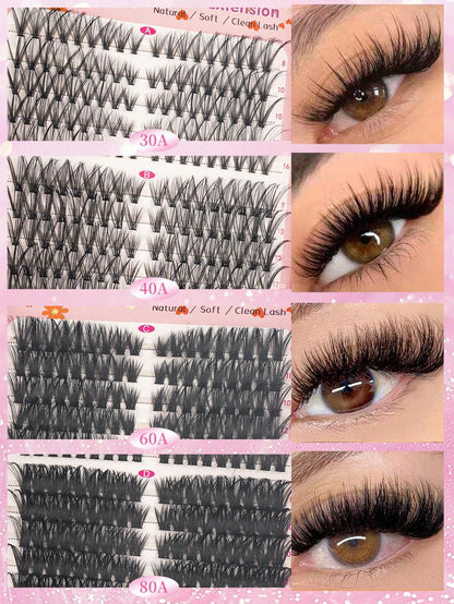 576pcs DIY False Eyelash Clusters Extension Kit 30D+40D+60D+80D 4 Styles Natural & Voluminous, Mixed Lengths Easy To Apply, Reusable, Suitable For Home Beginners