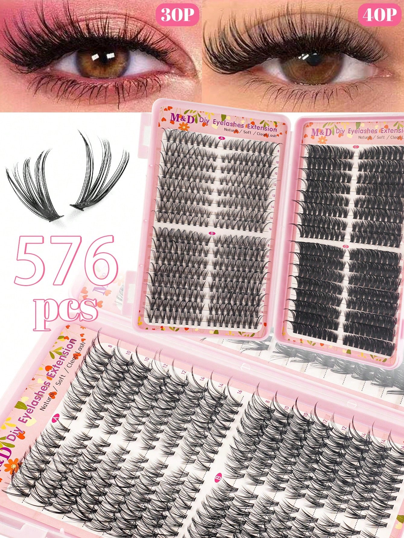 576pcs DIY False Eyelash Clusters Extension Kit 30D+40D+60D+80D 4 Styles Natural & Voluminous, Mixed Lengths Easy To Apply, Reusable, Suitable For Home Beginners