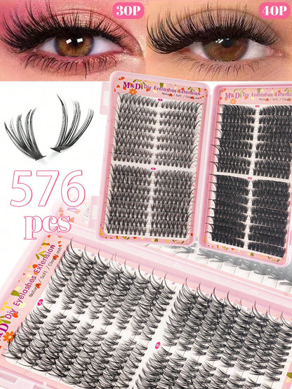 576pcs DIY False Eyelash Clusters Extension Kit 30D+40D+60D+80D 4 Styles Natural & Voluminous, Mixed Lengths Easy To Apply, Reusable, Suitable For Home Beginners