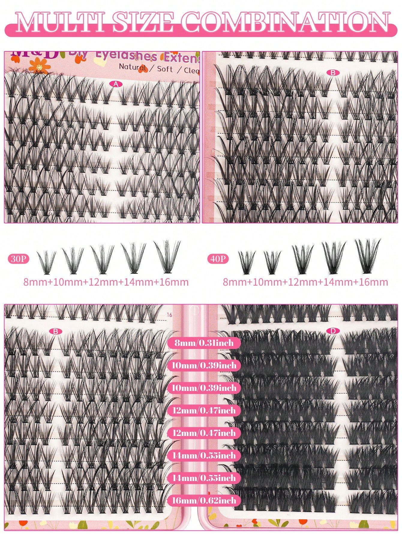 576pcs DIY False Eyelash Clusters Extension Kit 30D+40D+60D+80D 4 Styles Natural & Voluminous, Mixed Lengths Easy To Apply, Reusable, Suitable For Home Beginners