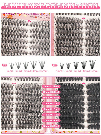 576pcs DIY False Eyelash Clusters Extension Kit 30D+40D+60D+80D 4 Styles Natural & Voluminous, Mixed Lengths Easy To Apply, Reusable, Suitable For Home Beginners