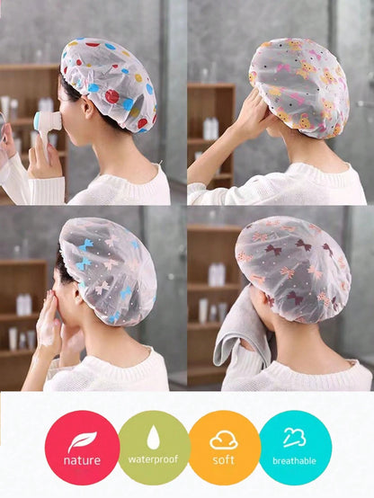5pcs/3pcs Assorted Waterproof Shower Cap, Printed Bathing Cap, PVC Dust-Proof Waterproof Shower Head Cover, Thickened Reusable Shower Cap For Home, Travel, Salon, Beauty Spa