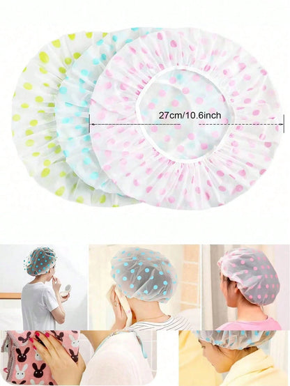 5pcs/3pcs Mixed Color Waterproof Shower Caps, Printed Bath Caps, PVC Dustproof Waterproof Shower Caps, Thickened Reusable Shower Caps, Suitable For Home, Travel, Salon, Beauty Spa
