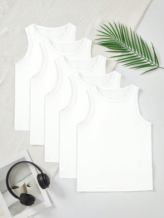5pcs/Pack Boys' Comfortable Casual Solid White Crew Neck Sleeveless Undershirt Vest, Essential Basic For All Seasons