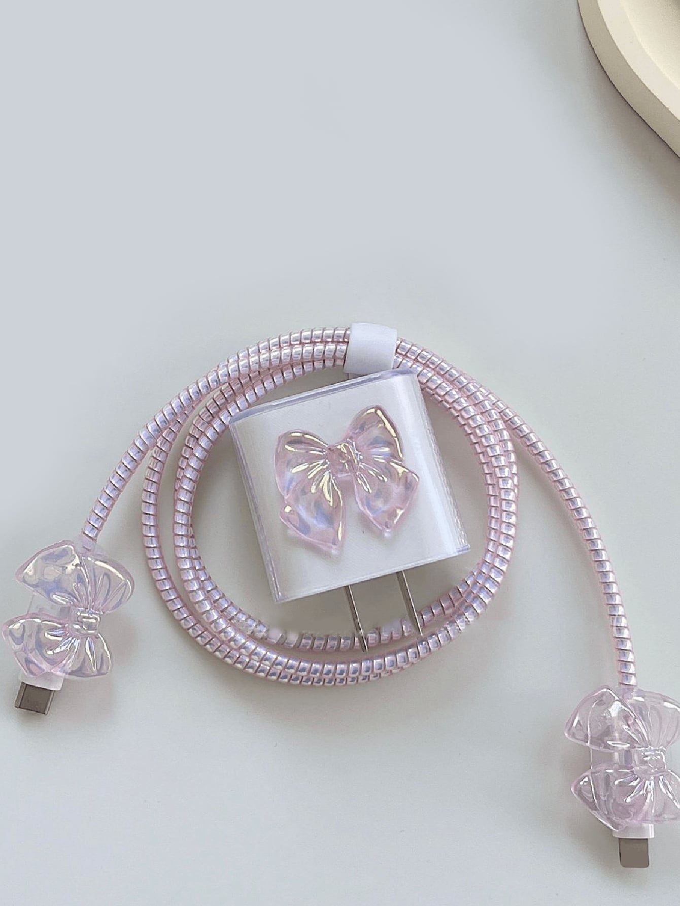 5pcs Pink Laser Effect Mobile Phone Charger Set 20W/18W, Charging Cable Protection Rope, Charging Head Protection Case, Compatible With IPhone Charger, Korean Style Cute Cable Protector, Charger Prote