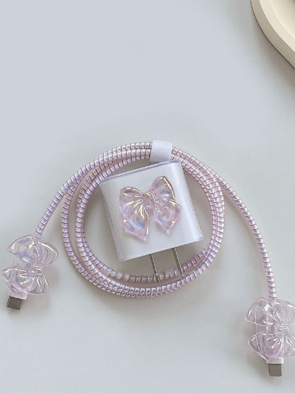 5pcs Pink Laser Effect Mobile Phone Charger Set 20W/18W, Charging Cable Protection Rope, Charging Head Protection Case, Compatible With IPhone Charger, Korean Style Cute Cable Protector, Charger Prote
