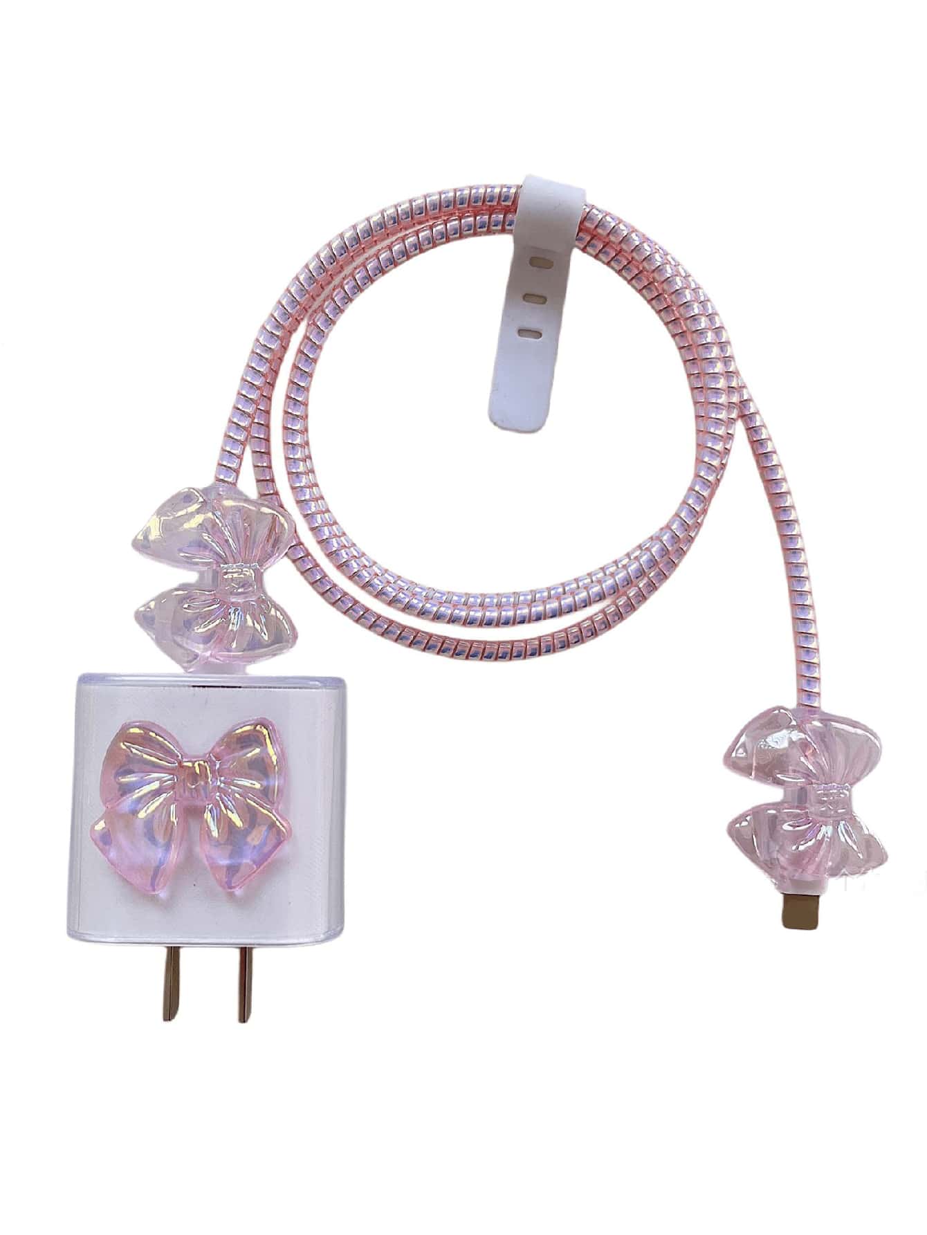 5pcs Pink Laser Effect Mobile Phone Charger Set 20W/18W, Charging Cable Protection Rope, Charging Head Protection Case, Compatible With IPhone Charger, Korean Style Cute Cable Protector, Charger Prote