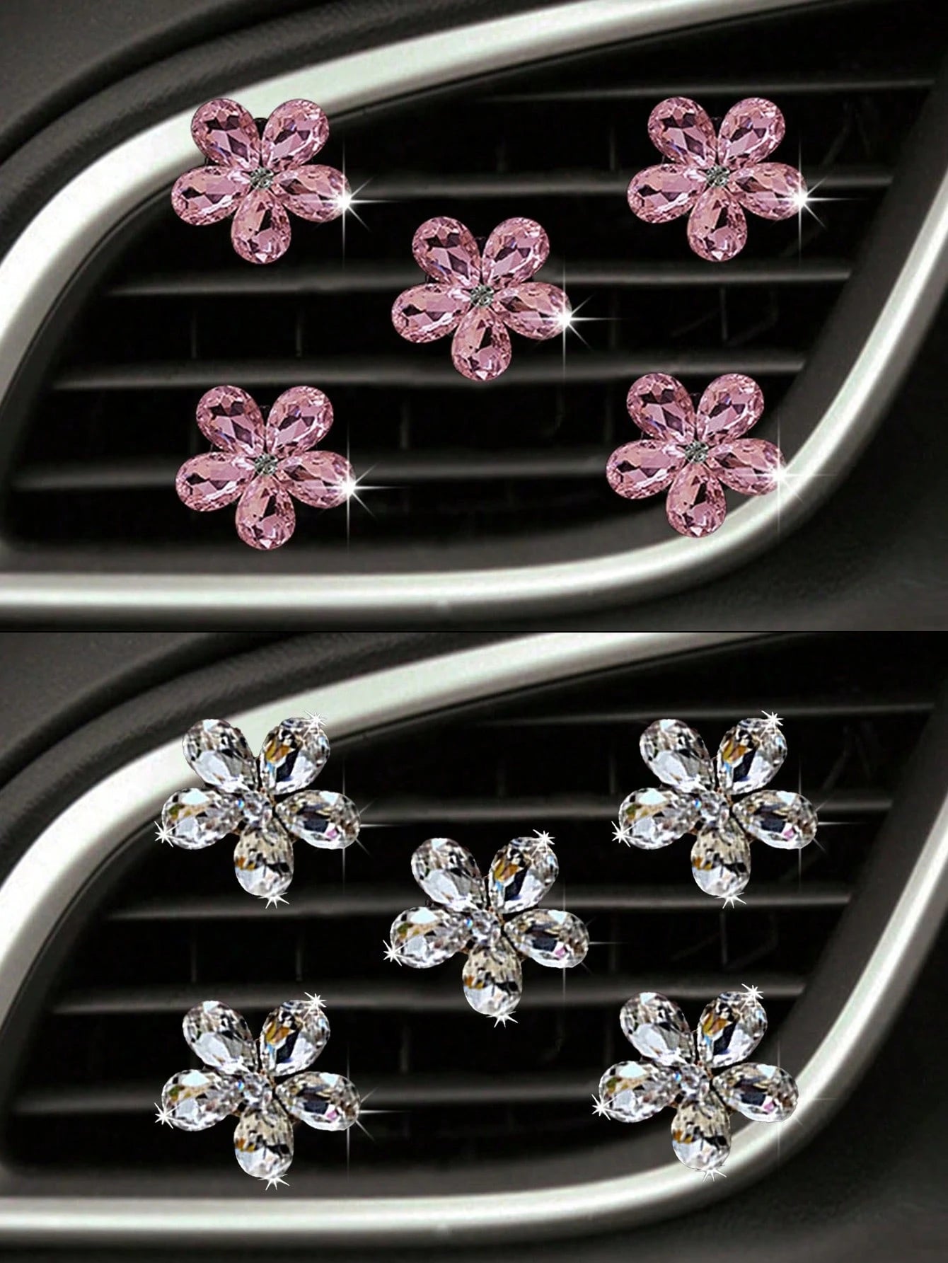 5pcs Pink/White Crystal Car Air Vent Fragrance Decoration Clip, Auto Interior Decor Accessories