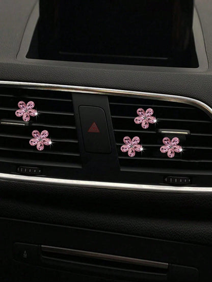 5pcs Pink/White Crystal Car Air Vent Fragrance Decoration Clip, Auto Interior Decor Accessories