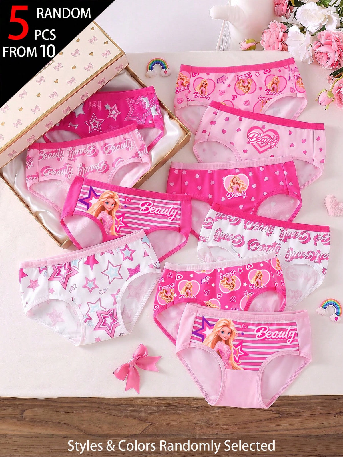 5pcs Random Blind Box Girls Toddler Underwear, Pretty Girl Print Combination Series With Bows, Snowflakes, Hearts And Other Cute Elements, Pink, Magenta, White Color Combination, Soft And Smooth