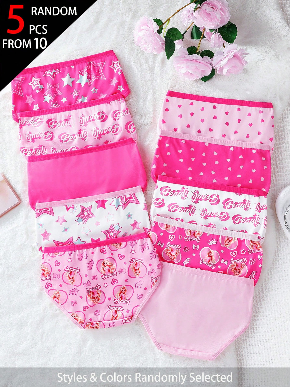 5pcs Random Blind Box Girls Toddler Underwear, Pretty Girl Print Combination Series With Bows, Snowflakes, Hearts And Other Cute Elements, Pink, Magenta, White Color Combination, Soft And Smooth
