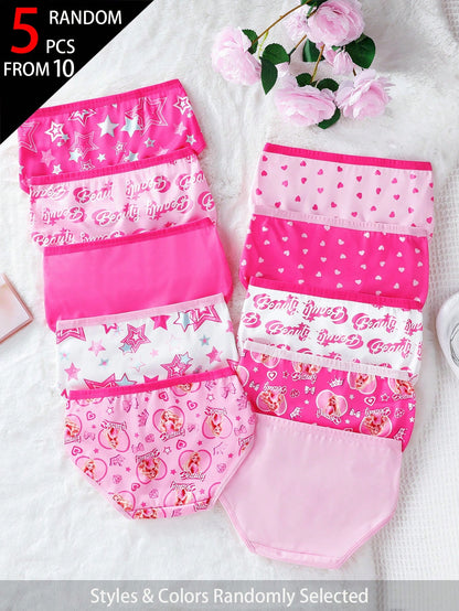 5pcs Random Blind Box Girls Toddler Underwear, Pretty Girl Print Combination Series With Bows, Snowflakes, Hearts And Other Cute Elements, Pink, Magenta, White Color Combination, Soft And Smooth