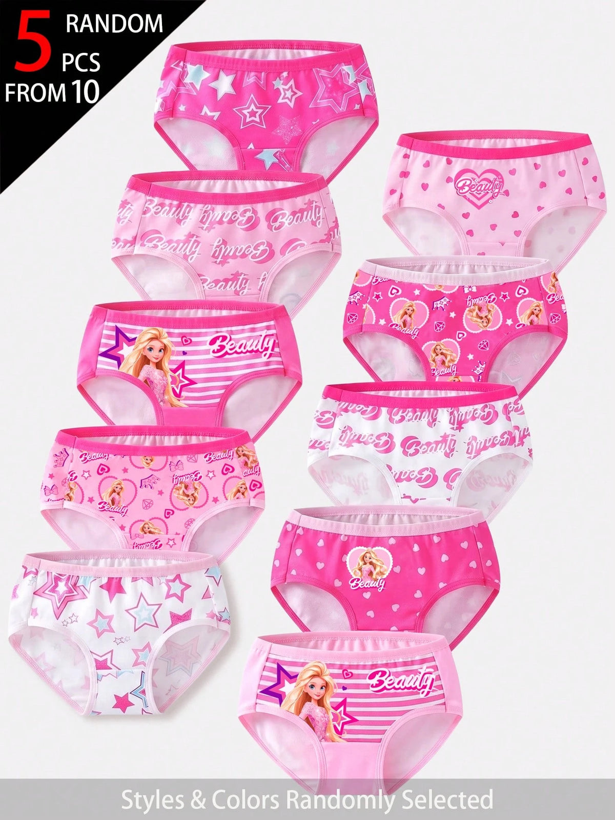 5pcs Random Blind Box Girls Toddler Underwear, Pretty Girl Print Combination Series With Bows, Snowflakes, Hearts And Other Cute Elements, Pink, Magenta, White Color Combination, Soft And Smooth