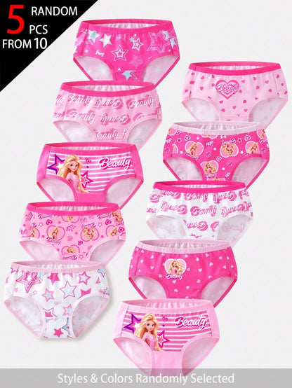 5pcs Random Blind Box Girls Toddler Underwear, Pretty Girl Print Combination Series With Bows, Snowflakes, Hearts And Other Cute Elements, Pink, Magenta, White Color Combination, Soft And Smooth