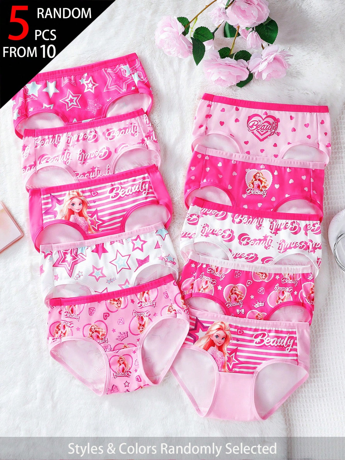 5pcs Random Blind Box Girls Toddler Underwear, Pretty Girl Print Combination Series With Bows, Snowflakes, Hearts And Other Cute Elements, Pink, Magenta, White Color Combination, Soft And Smooth