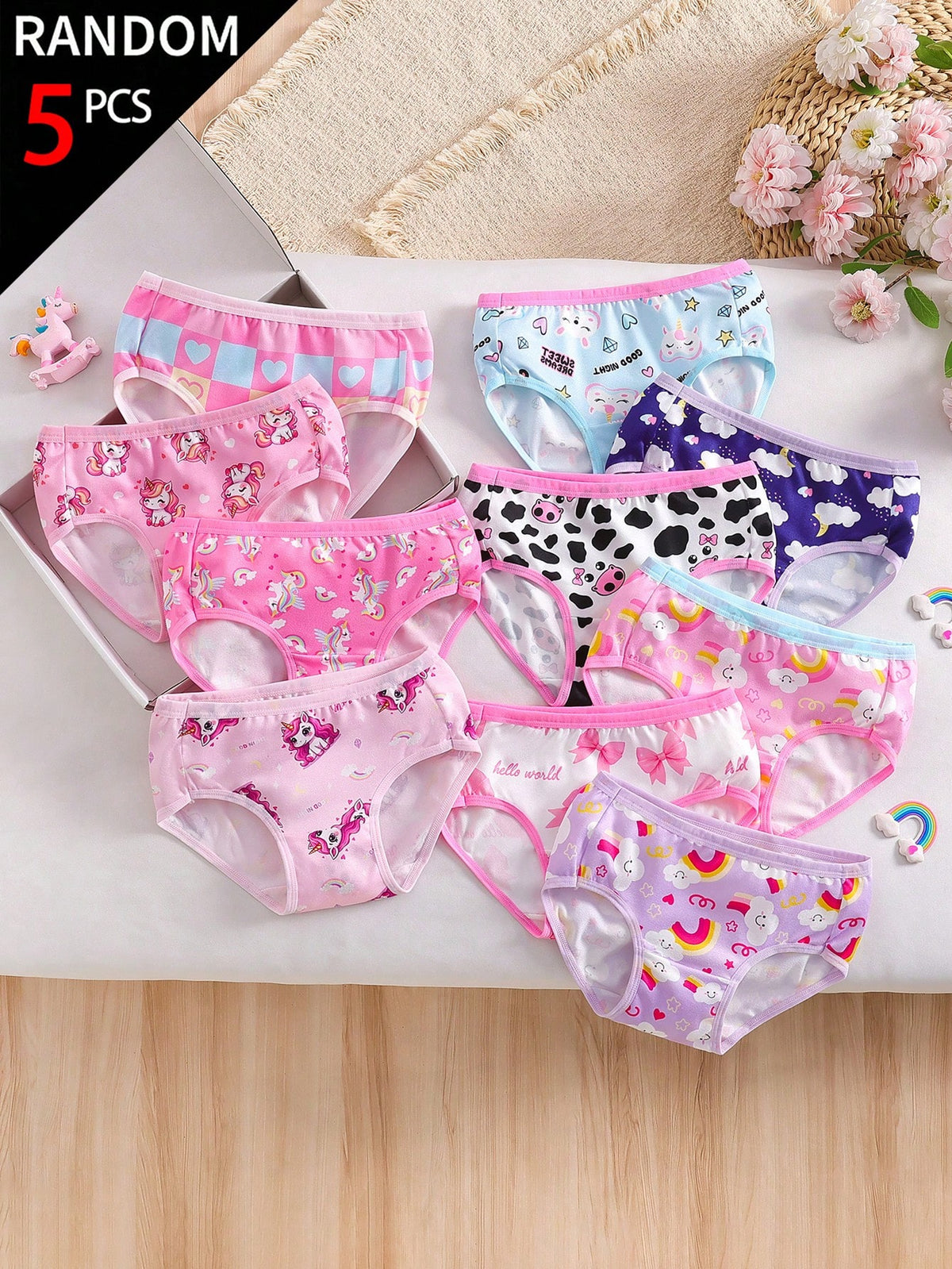 5pcs Random Blind Box Girls Toddler Underwear, Pretty Girl Print Combination Series With Bows, Snowflakes, Hearts And Other Cute Elements, Pink, Magenta, White Color Combination, Soft And Smooth