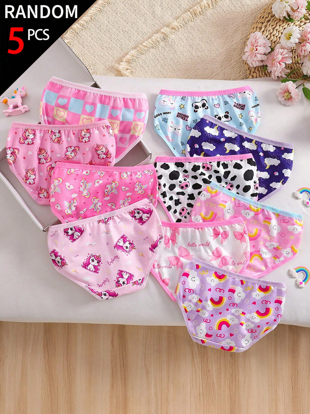5pcs Random Blind Box Girls Toddler Underwear, Pretty Girl Print Combination Series With Bows, Snowflakes, Hearts And Other Cute Elements, Pink, Magenta, White Color Combination, Soft And Smooth