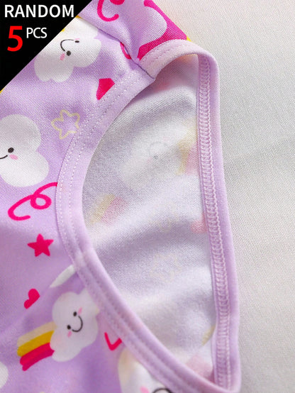 5pcs Random Blind Box Girls Toddler Underwear, Pretty Girl Print Combination Series With Bows, Snowflakes, Hearts And Other Cute Elements, Pink, Magenta, White Color Combination, Soft And Smooth