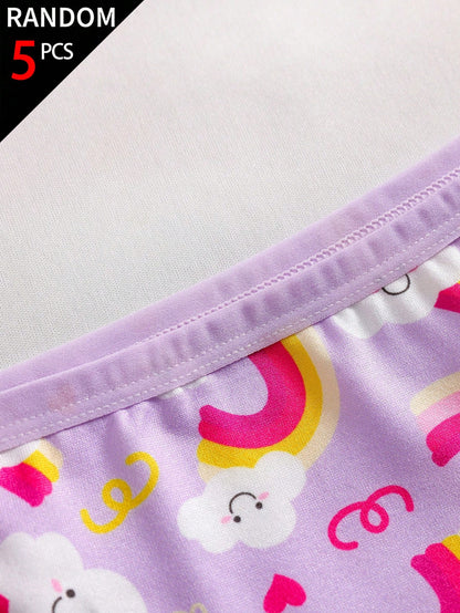 5pcs Random Blind Box Girls Toddler Underwear, Pretty Girl Print Combination Series With Bows, Snowflakes, Hearts And Other Cute Elements, Pink, Magenta, White Color Combination, Soft And Smooth