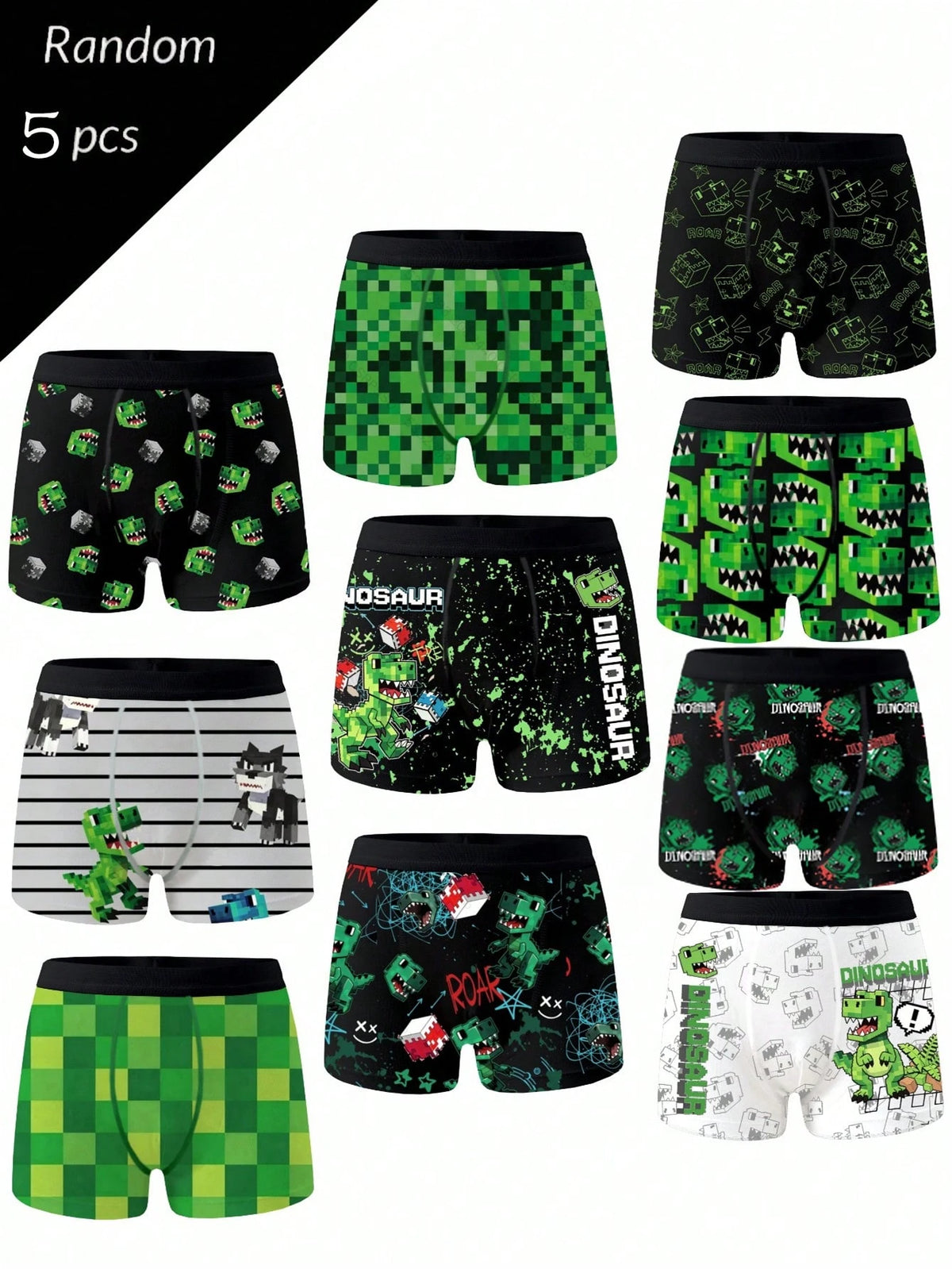 5pcs Random Teen Boys Black Comfortable All-Season Pixel Dinosaur Monster Print Underwear Set, Skin-Friendly Knitted Fabric Elastic Boxer Briefs